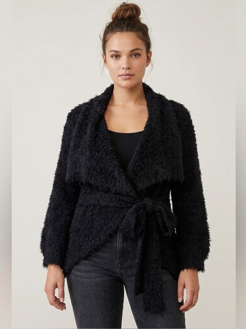 POL Black Fuzzy Open Cardigan Sweater with Belt Tie Small